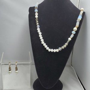 ALI KHAN white faceted glass beads with rhinestones necklace  earring set